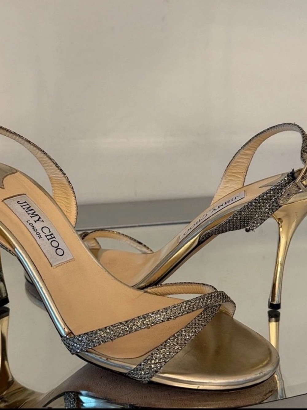 Jimmy Choo Metallic Gold Glitter Slingback Heels